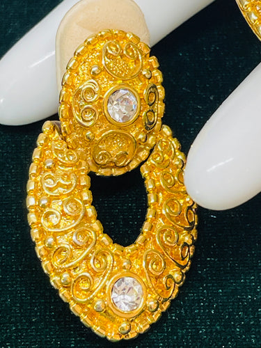 Gold Textured Door Knocker Earrings with Rhinestones